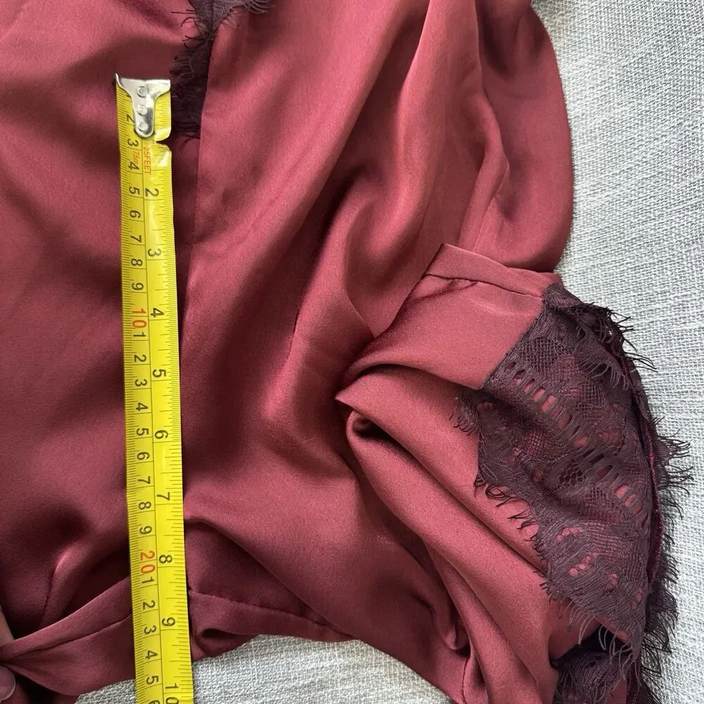 Nasty Gal Burgundy Satin Wide Leg Jumpsuit Lace Trim PTP 16 Open Back XXS Slit - Picture 16 of 16